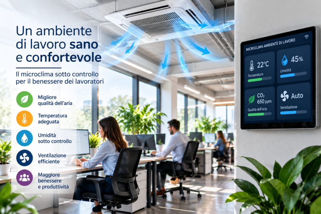 Ambiente di lavoro con sistema di ventilazione e controllo smart del microclima