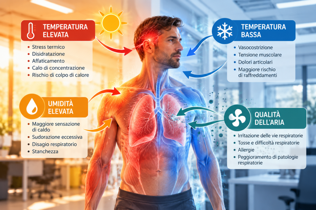 Rappresentazione degli effetti del microclima sulla salute con stress termico e respiratorio